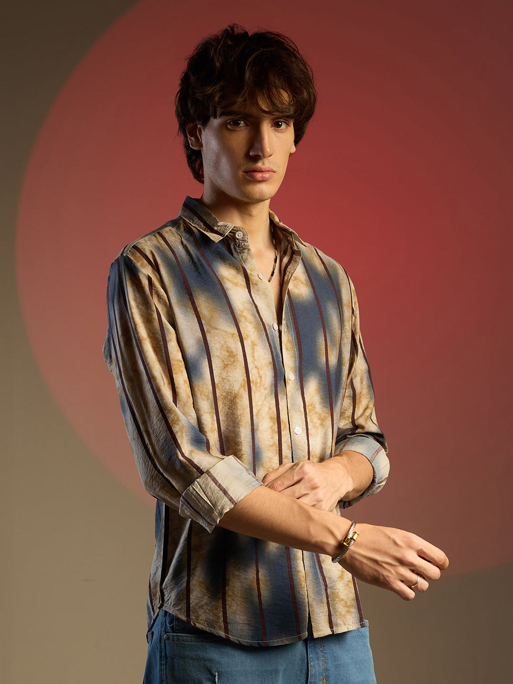 Campus Sutra Tie-Dye Striped Shirt