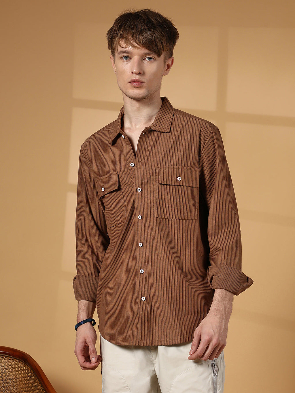 Campus Sutra Solid Ribbed Utility Shirt