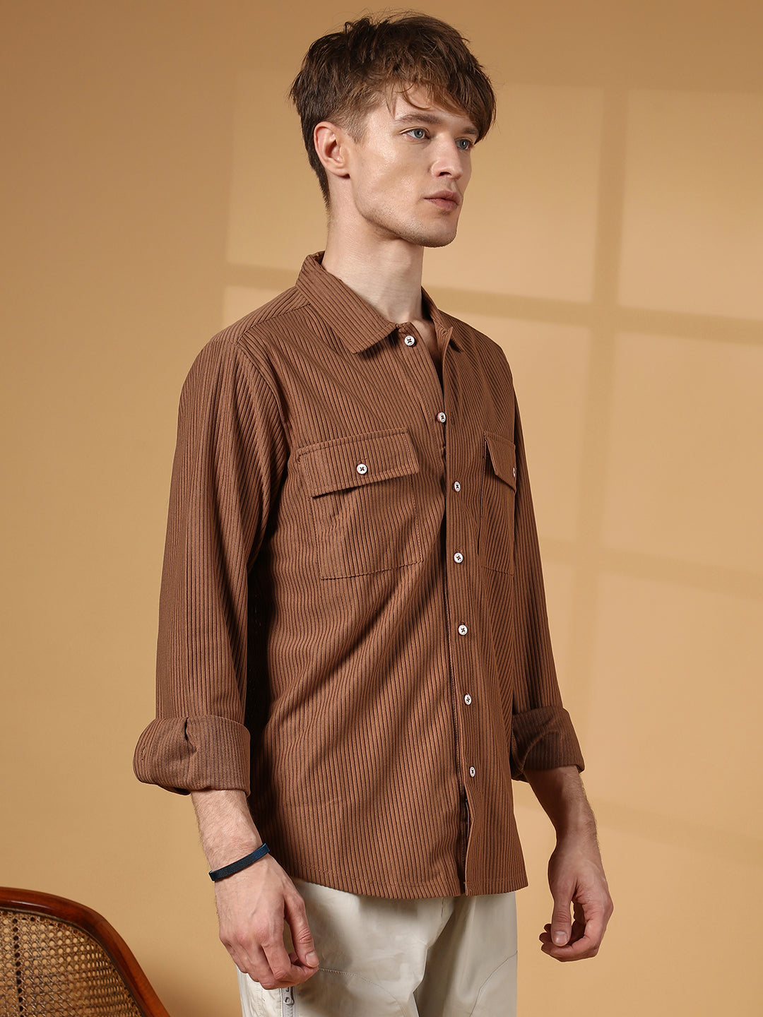Campus Sutra Solid Ribbed Utility Shirt
