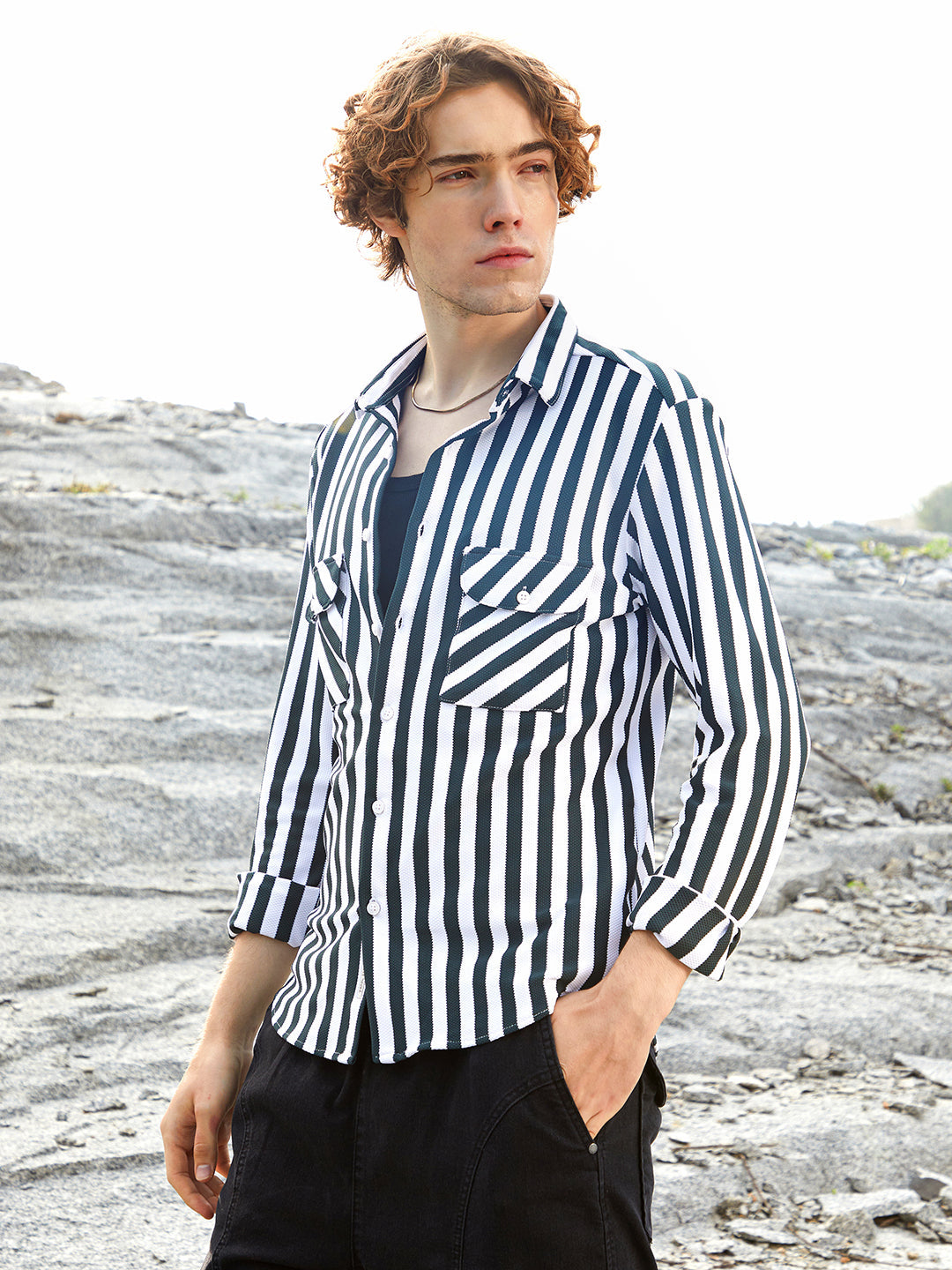Campus Sutra Nautical-Stripe Utility Shirt