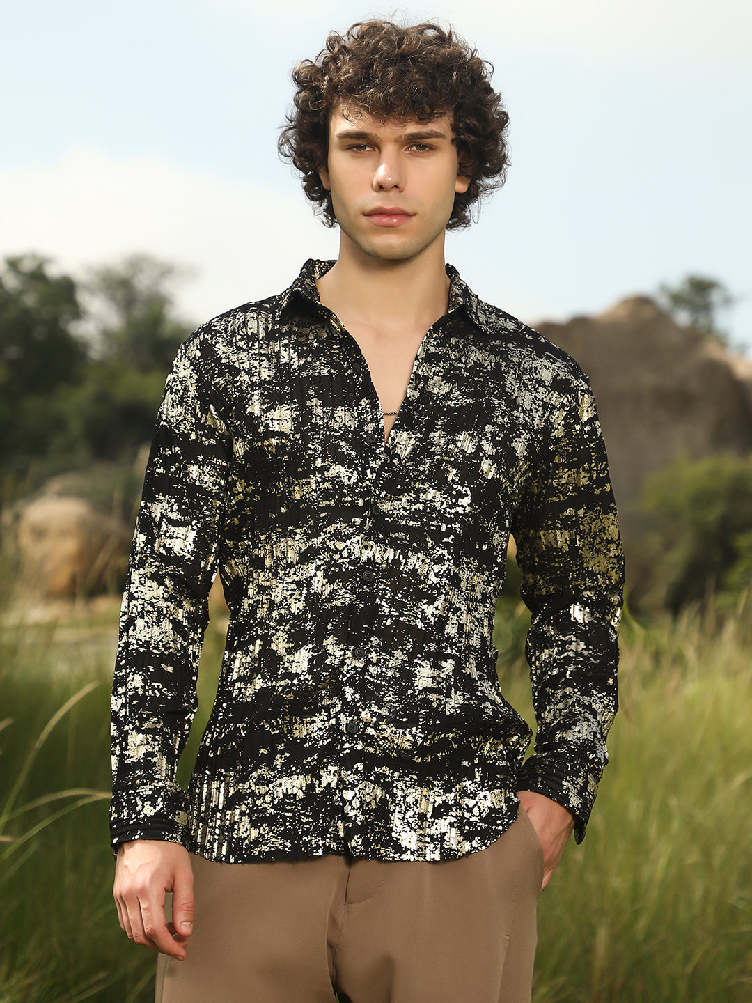 Campus Sutra Textured Foil Shirt