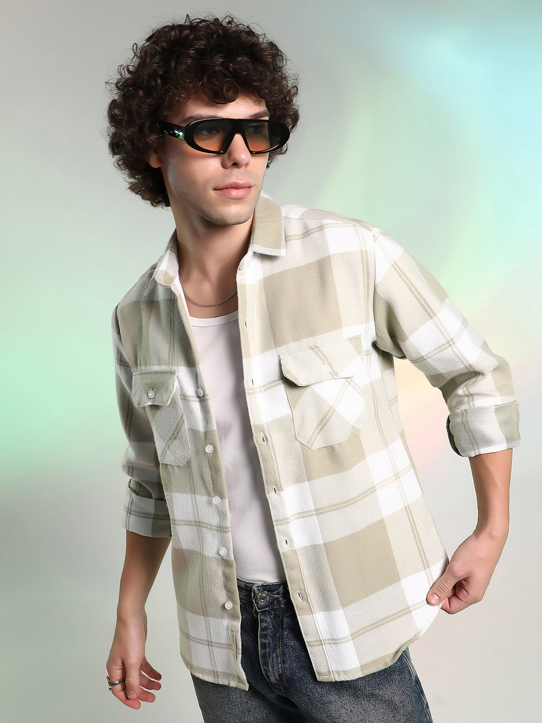 Campus Sutra Beige Plaid Cotton Shirt With Full Sleeves