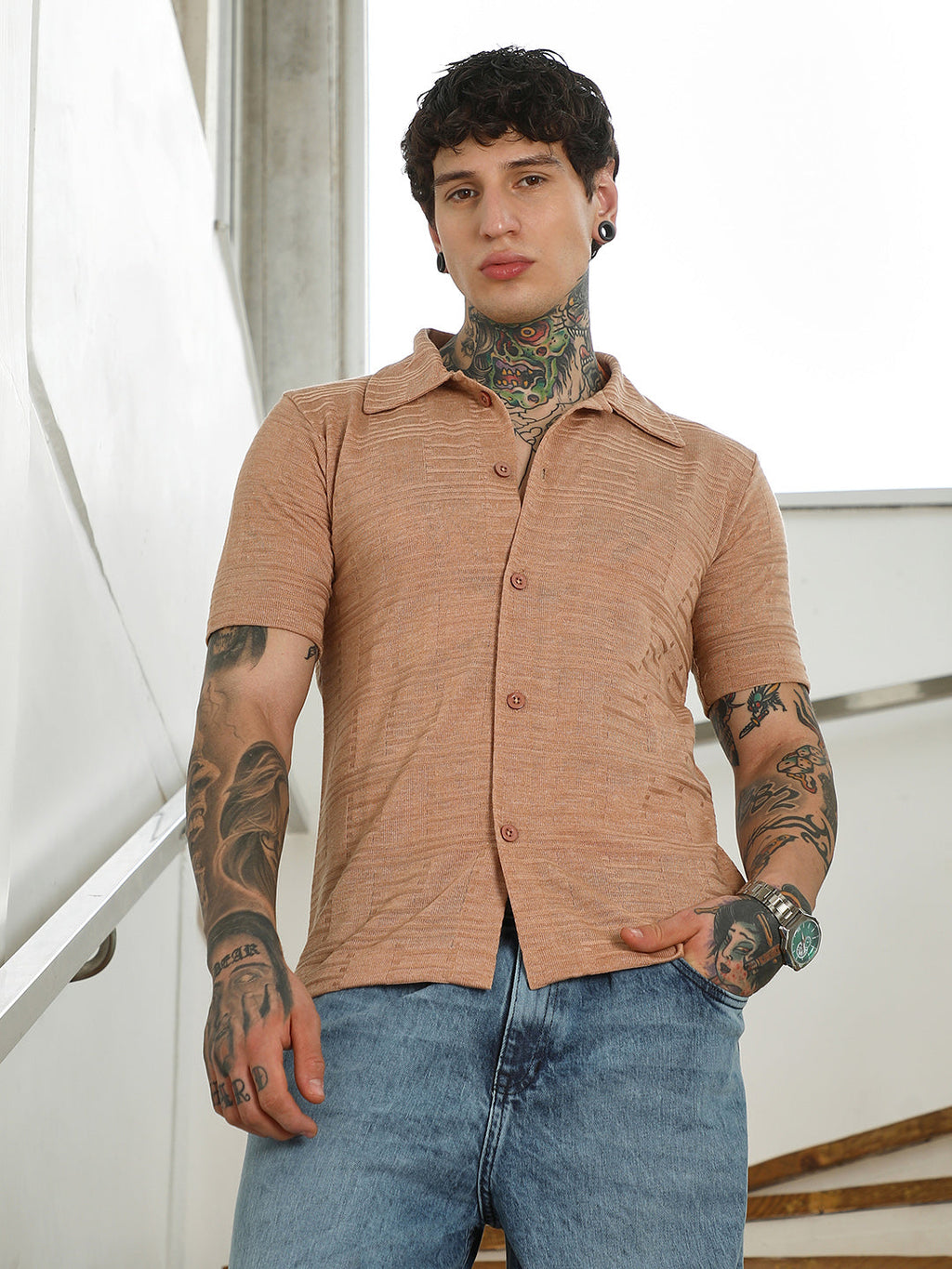 Campus Sutra Mens Light Brown Textured Button-Down Shirt
