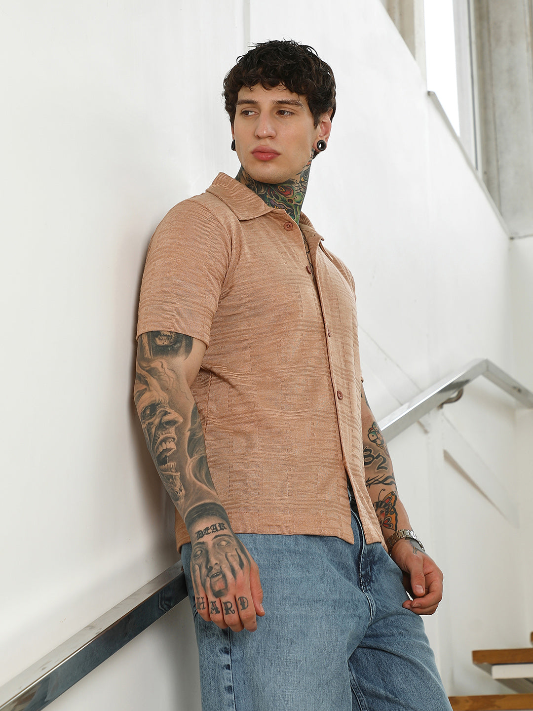 Campus Sutra Mens Light Brown Textured Button-Down Shirt