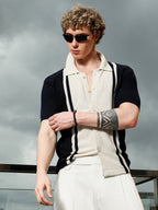 Campus Sutra Navy And Cream Textured Knit Polo Shirt