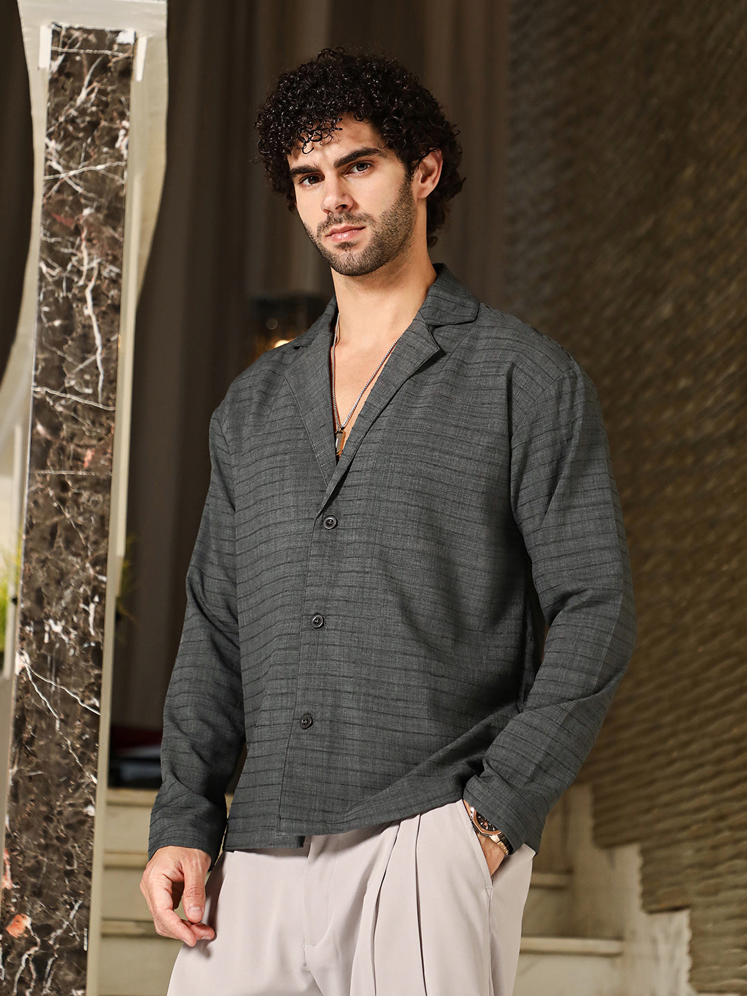 Campus Sutra Heathered Cuban Relaxed Shirt