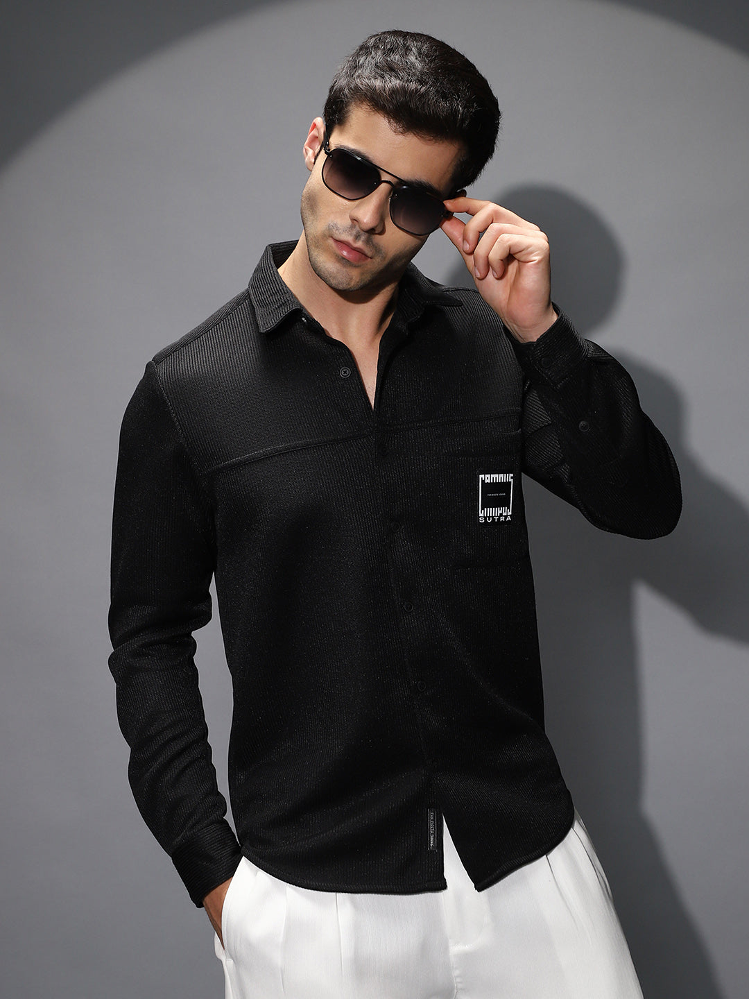 Campus Sutra Ribbed-Knit Utility Shirt