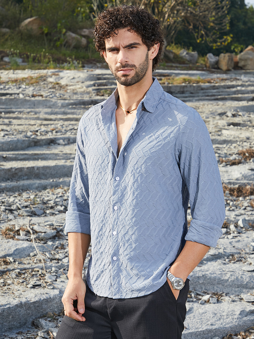 Campus Sutra Herringbone-Tactile Shirt