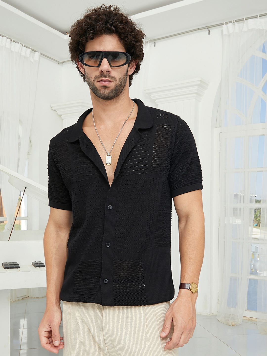 Campus Sutra Maxi-Grid Knit Polo Shirt