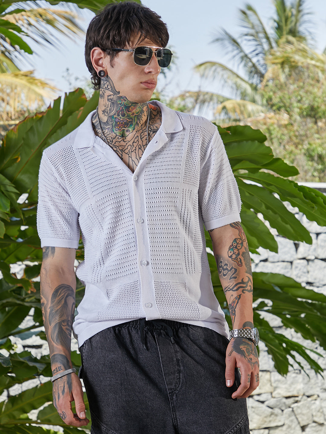 Campus Sutra Grid Open-Knit Shirt