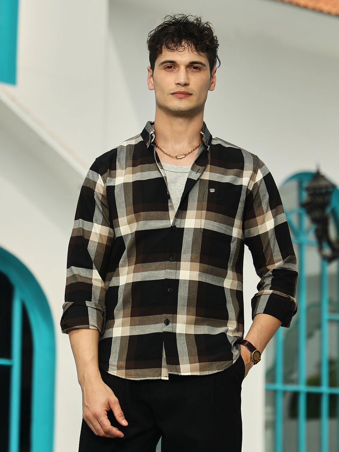 Campus Sutra Pixelated-Check Relaxed Shirt