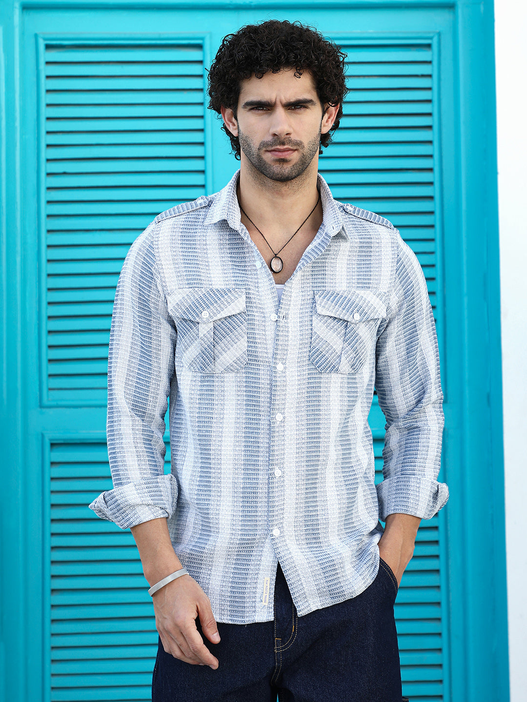 Campus Sutra Nomad-Striped Utility Shirt