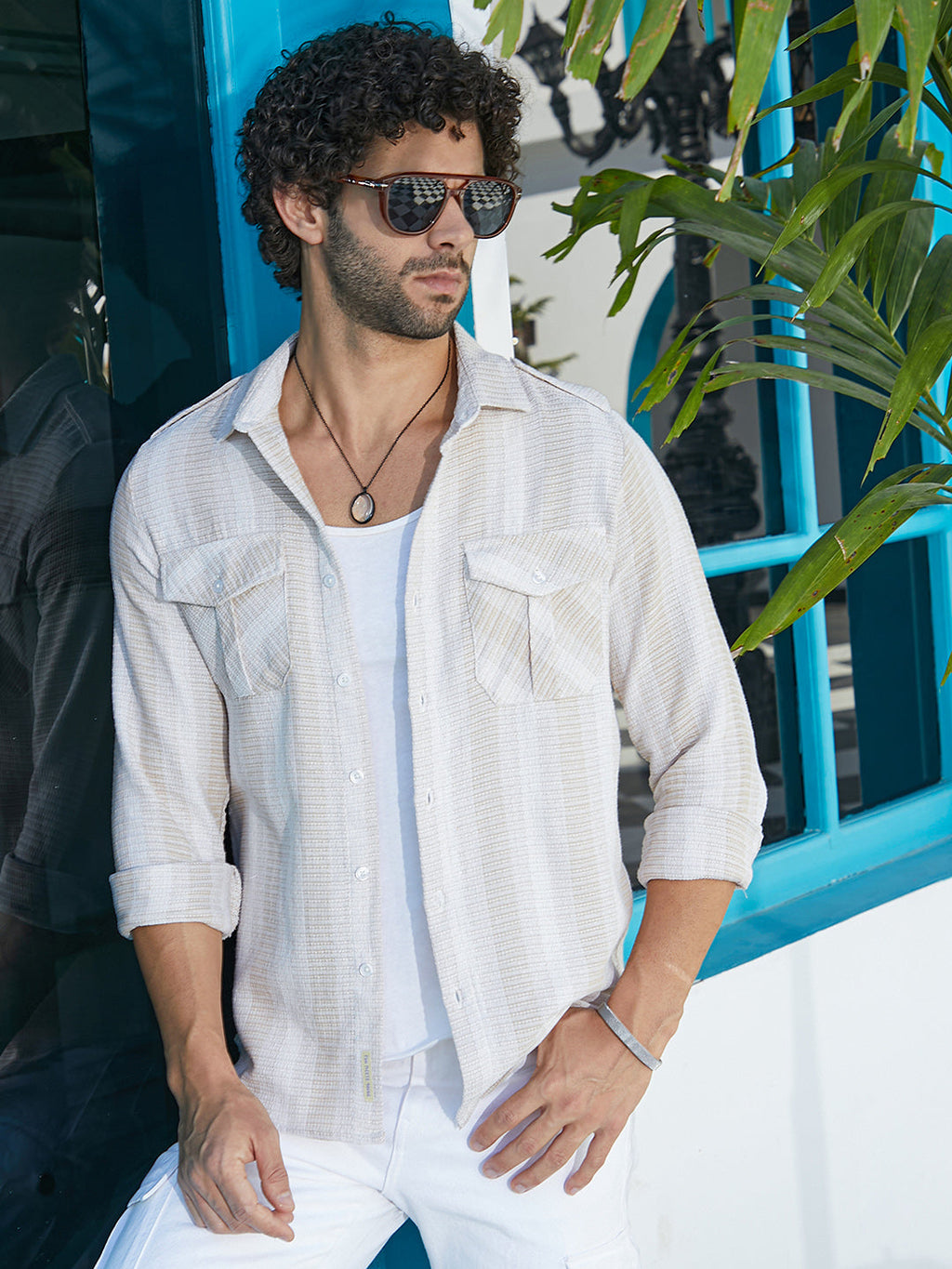 Campus Sutra Nomad-Striped Utility Shirt