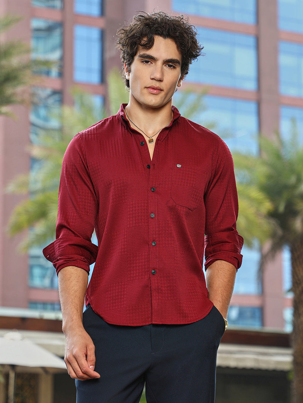 Campus Sutra Houndstooth-Tactile Shirt