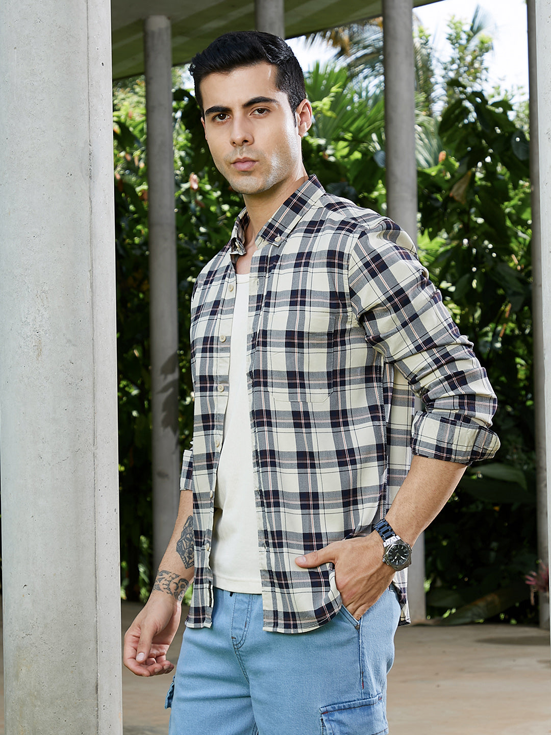 Campus Sutra Button-Down Tartan Shirt