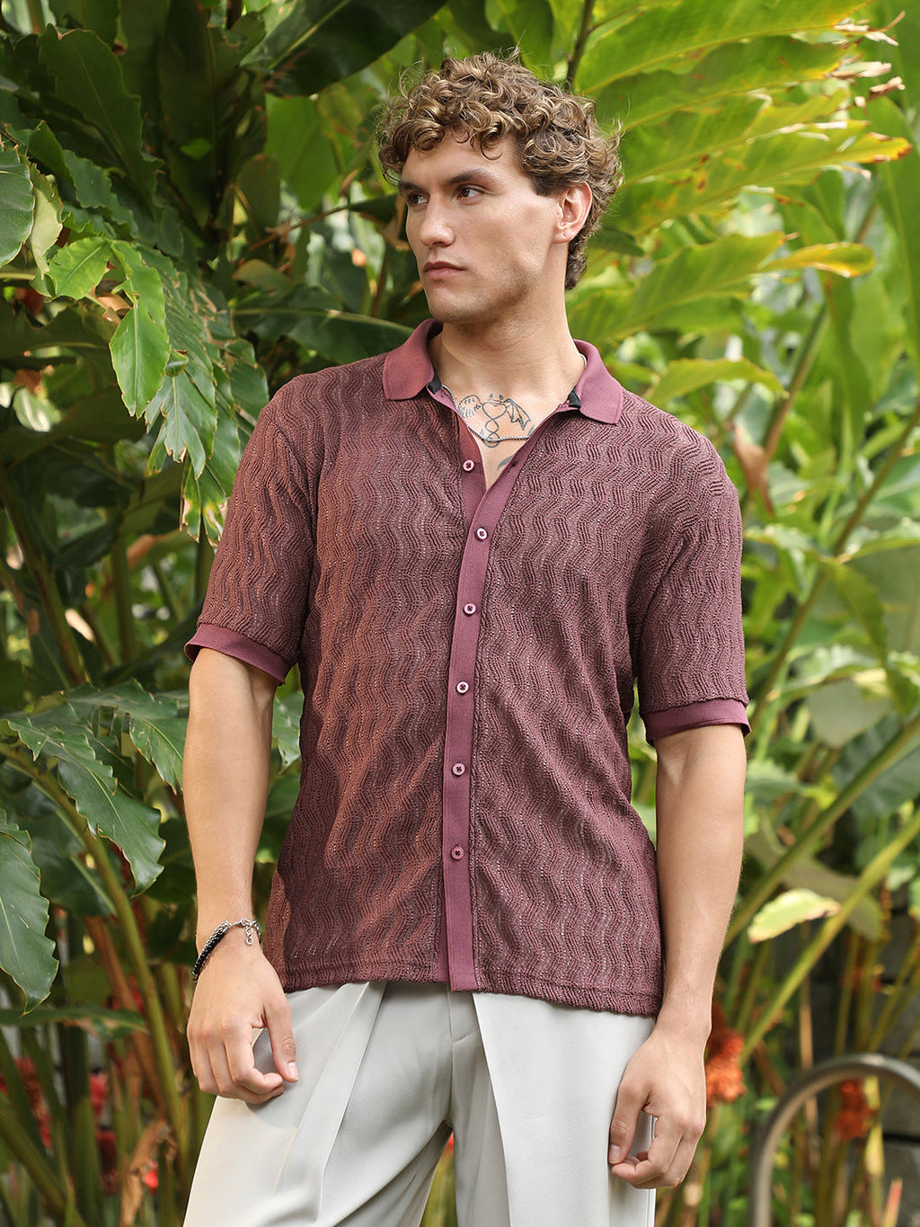 Campus Sutra Burgundy Textured Cuban Collar Shirt