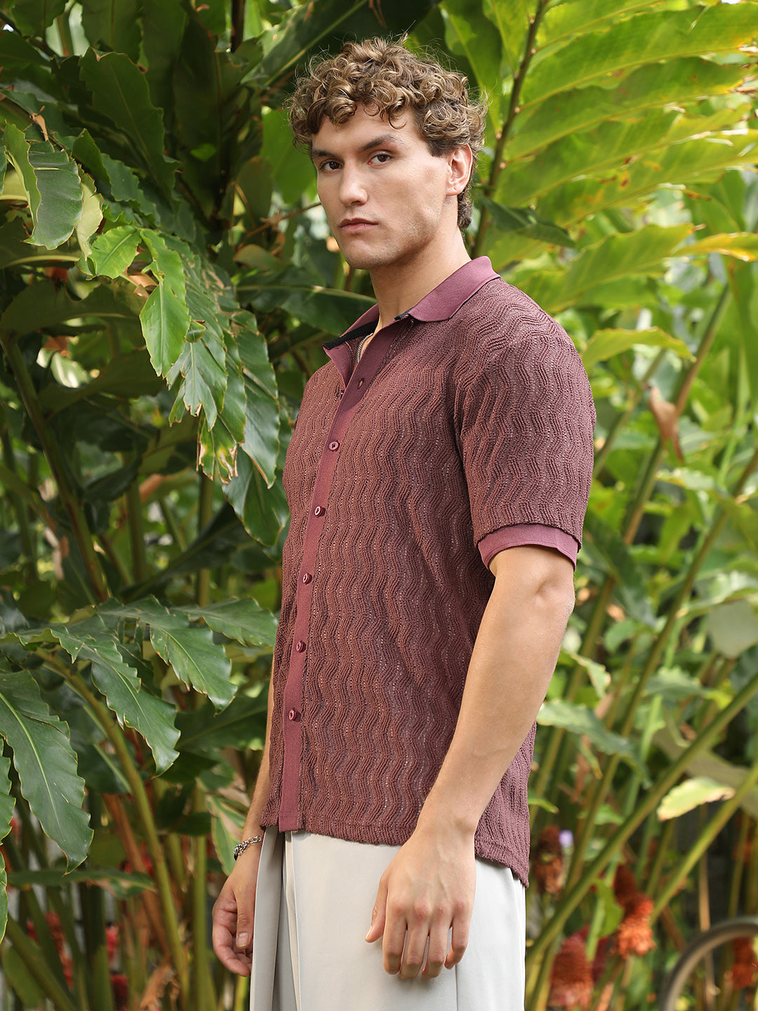 Campus Sutra Burgundy Textured Cuban Collar Shirt