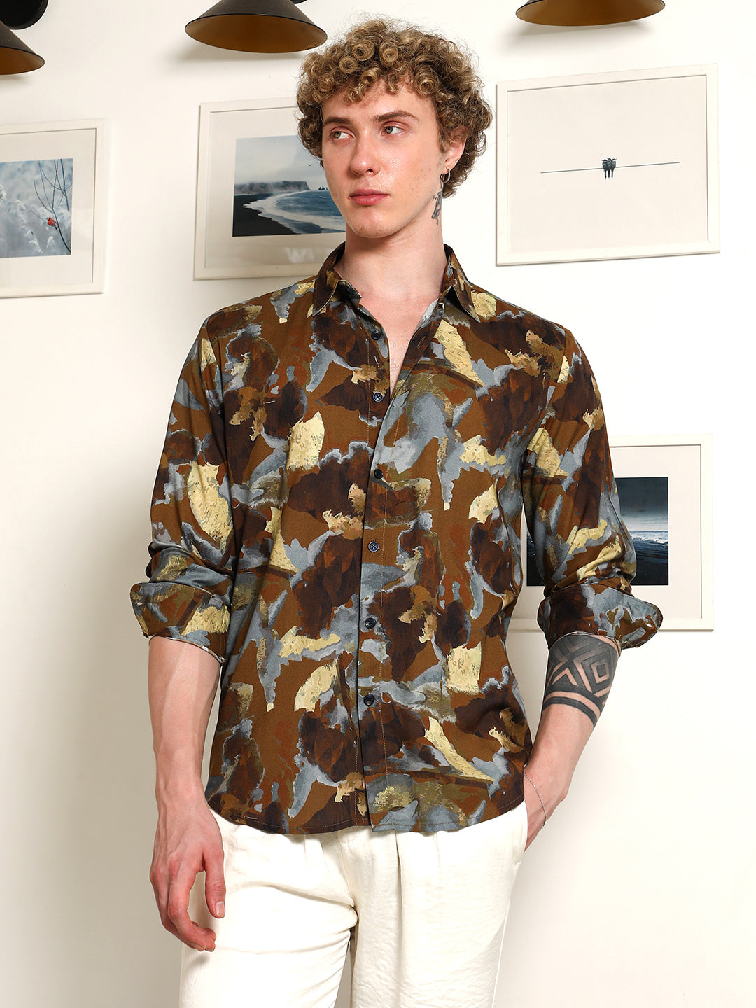 Campus Sutra Camouflage Print Full Sleeve Rayon Shirt