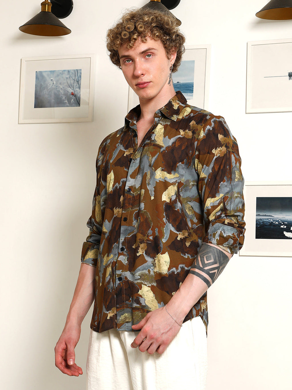 Campus Sutra Camouflage Print Full Sleeve Rayon Shirt