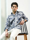 Campus Sutra Navy Blue and White Abstract Pattern Rayon Shirt