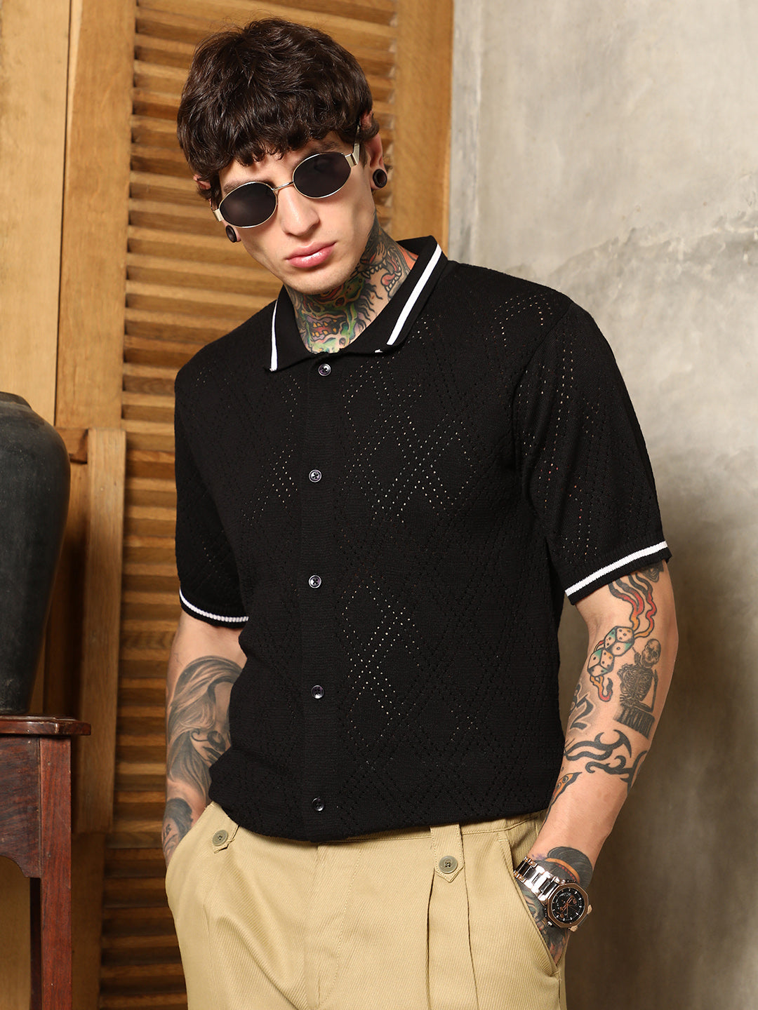 Campus Sutra Logenze Open-Knit Shirt