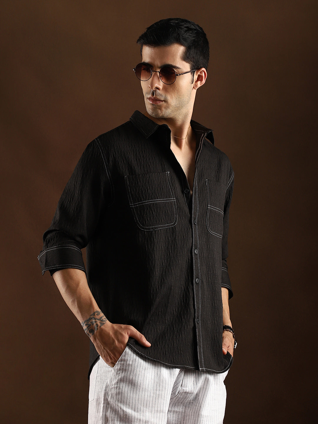 Campus Sutra Contrast-Stitch Utility Shirt