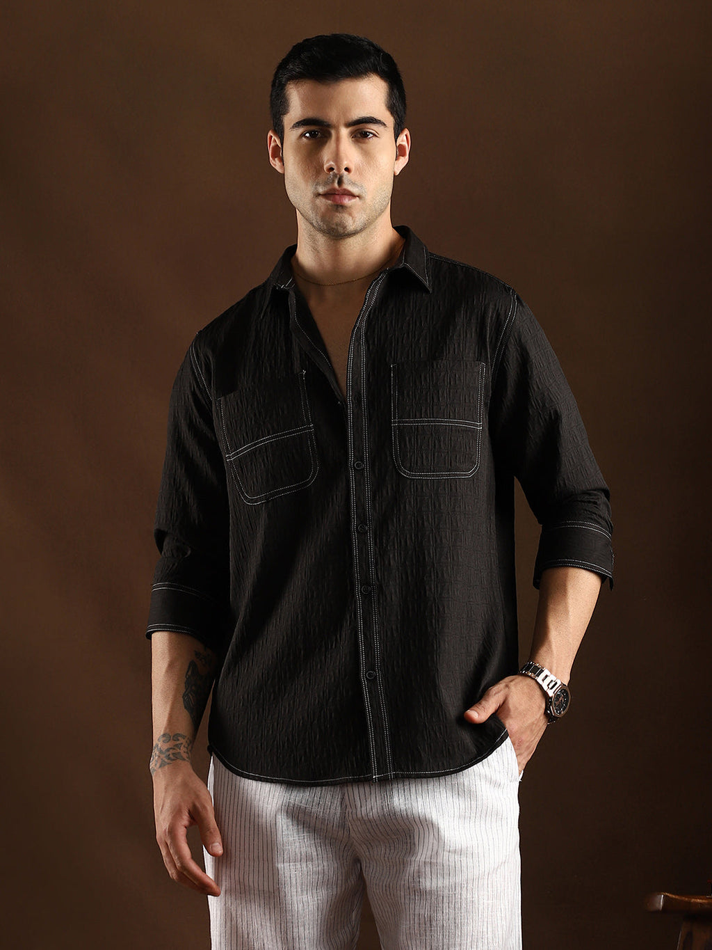 Campus Sutra Contrast-Stitch Utility Shirt