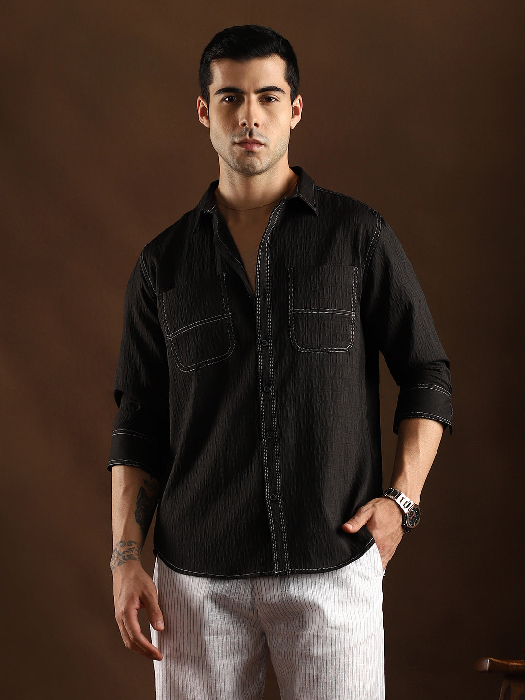 Campus Sutra Contrast-Stitch Utility Shirt