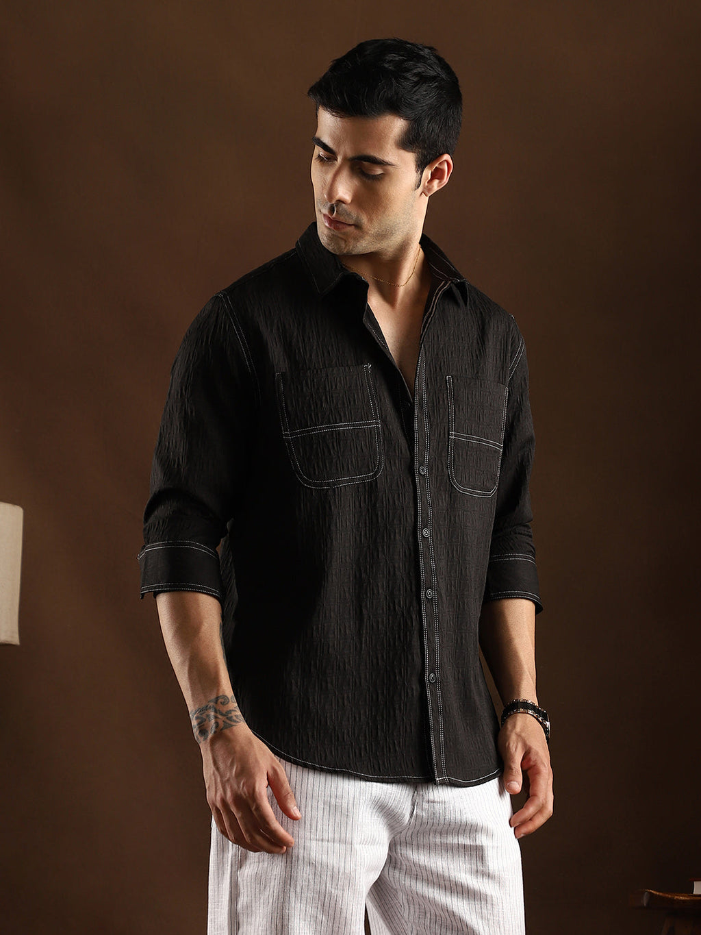 Campus Sutra Contrast-Stitch Utility Shirt