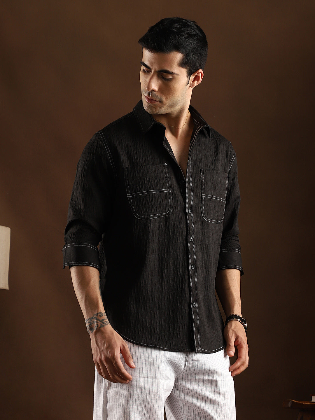 Campus Sutra Contrast-Stitch Utility Shirt