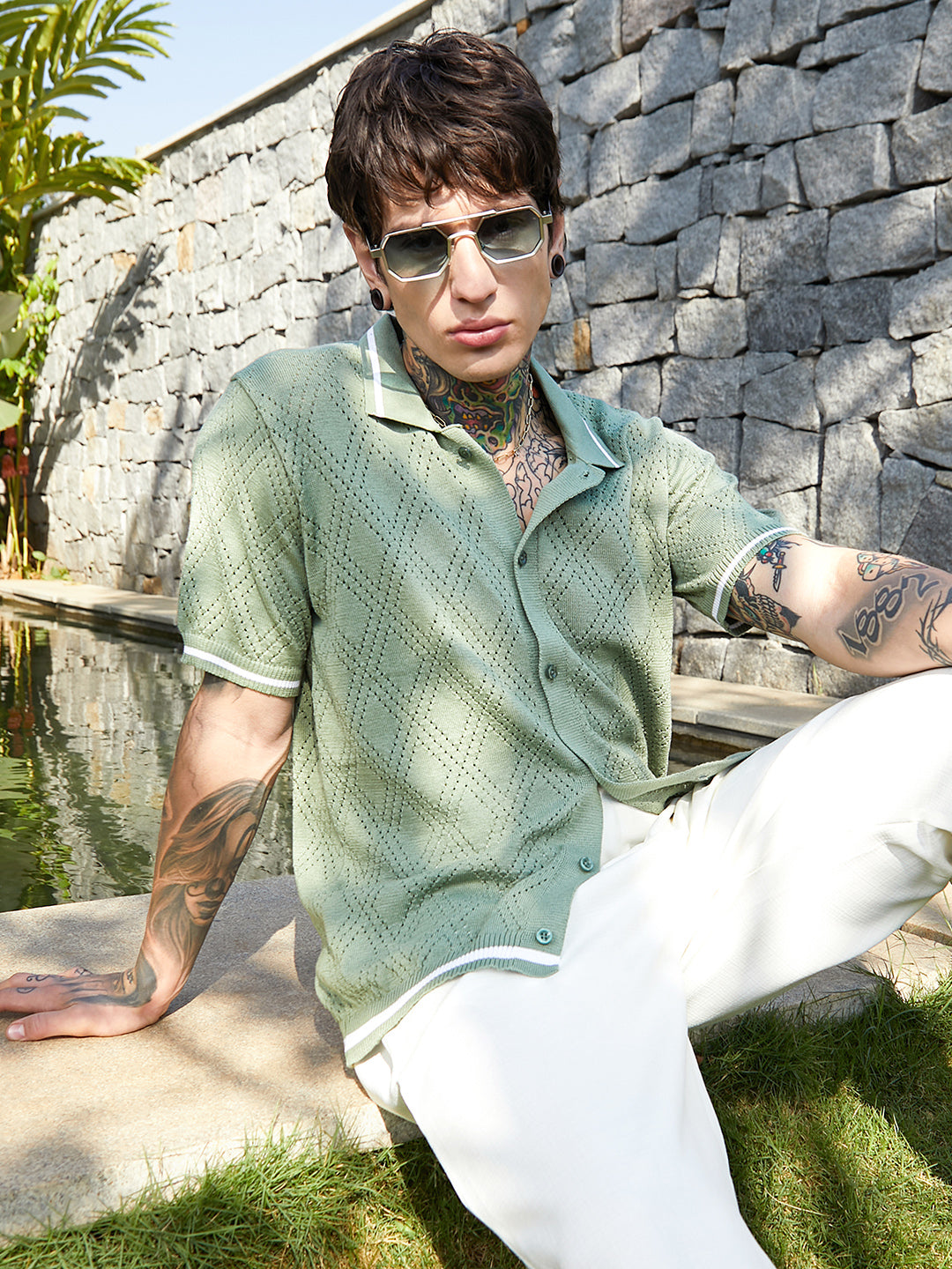Campus Sutra Logenze Open-Knit Shirt
