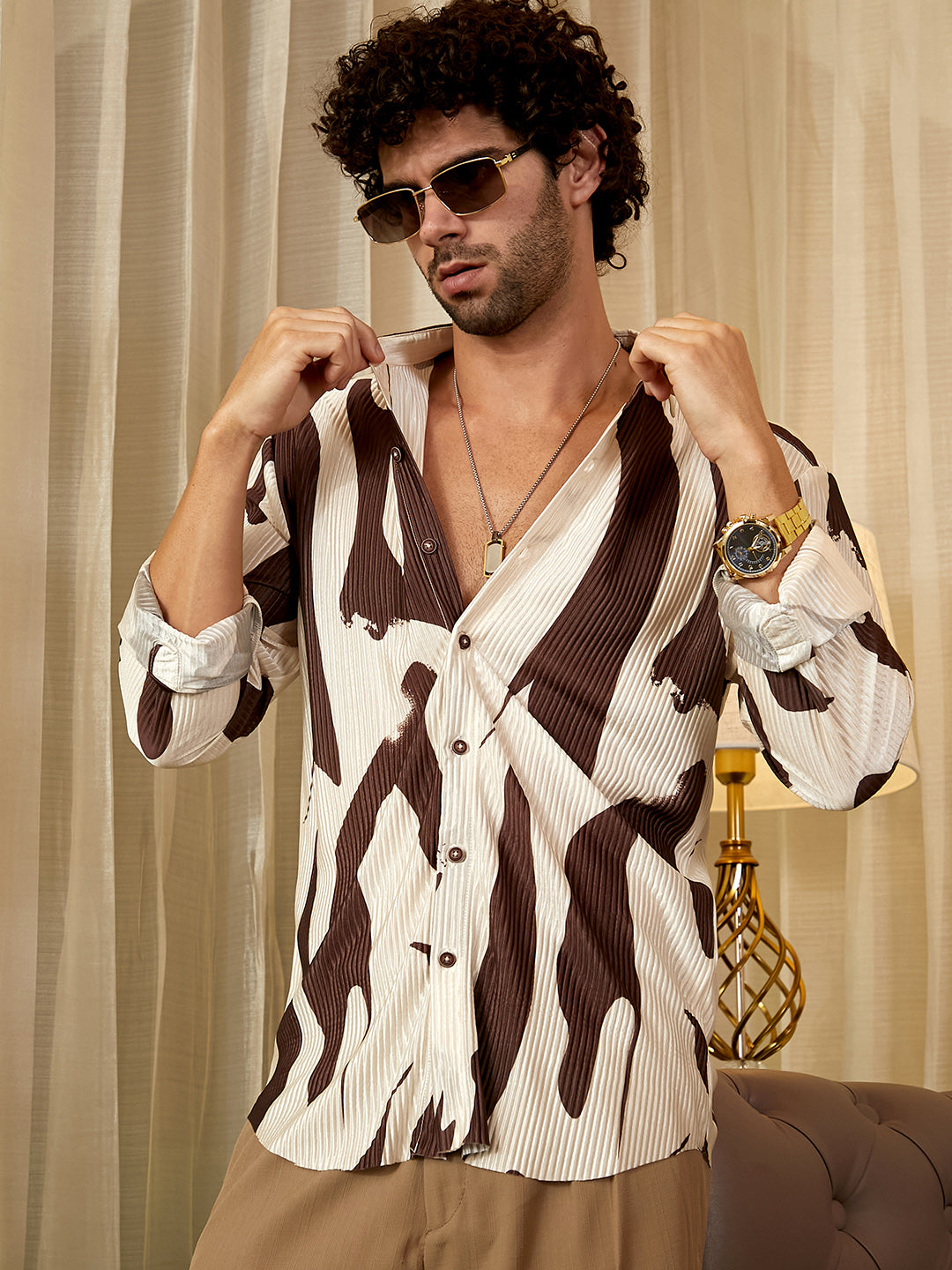 Campus Sutra Contour-Lines Pleated Shirt