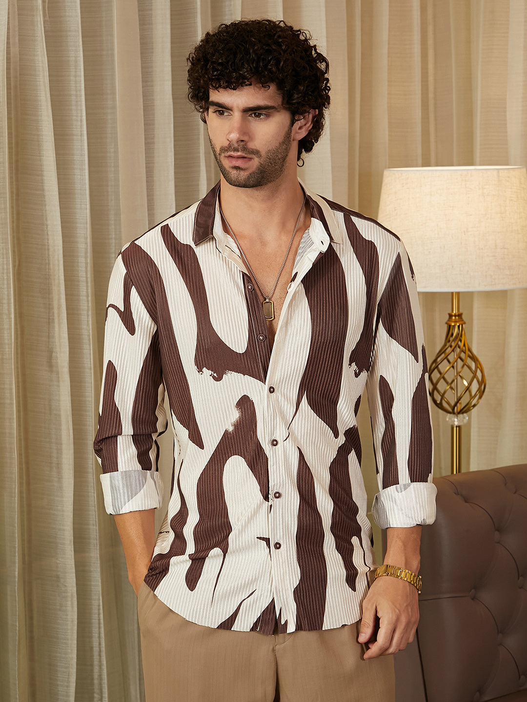 Campus Sutra Contour-Lines Pleated Shirt
