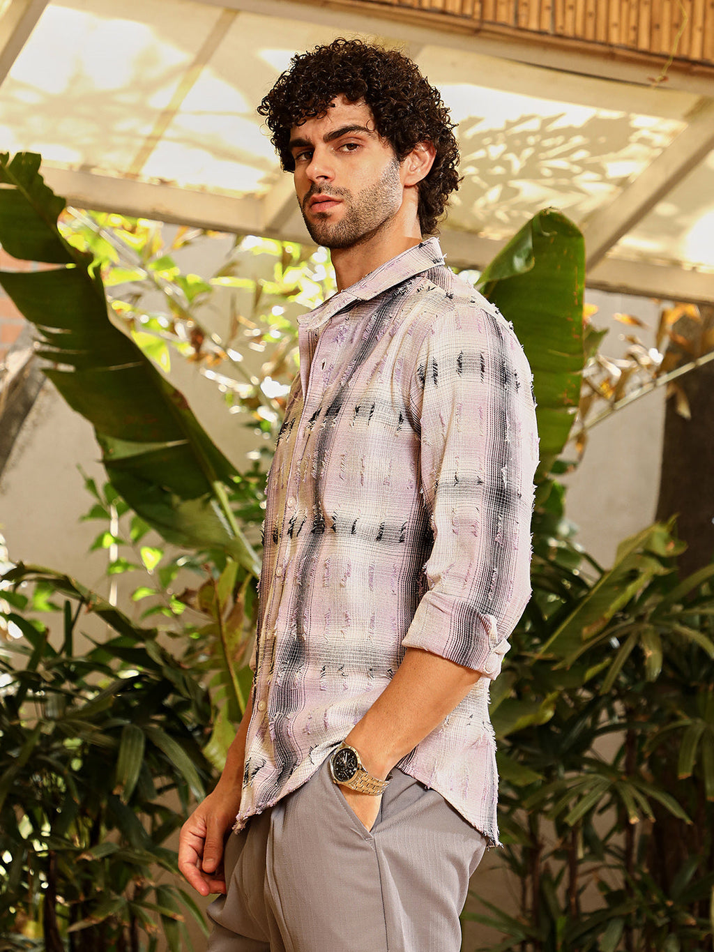 Campus Sutra Distressed-Check Shirt