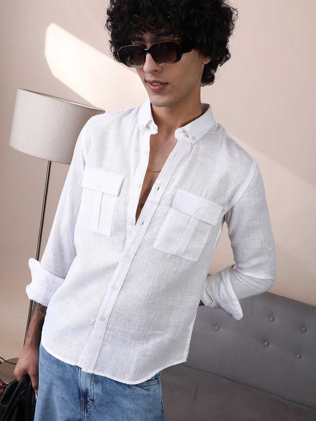 Campus Sutra Open-Weave Utility Shirt