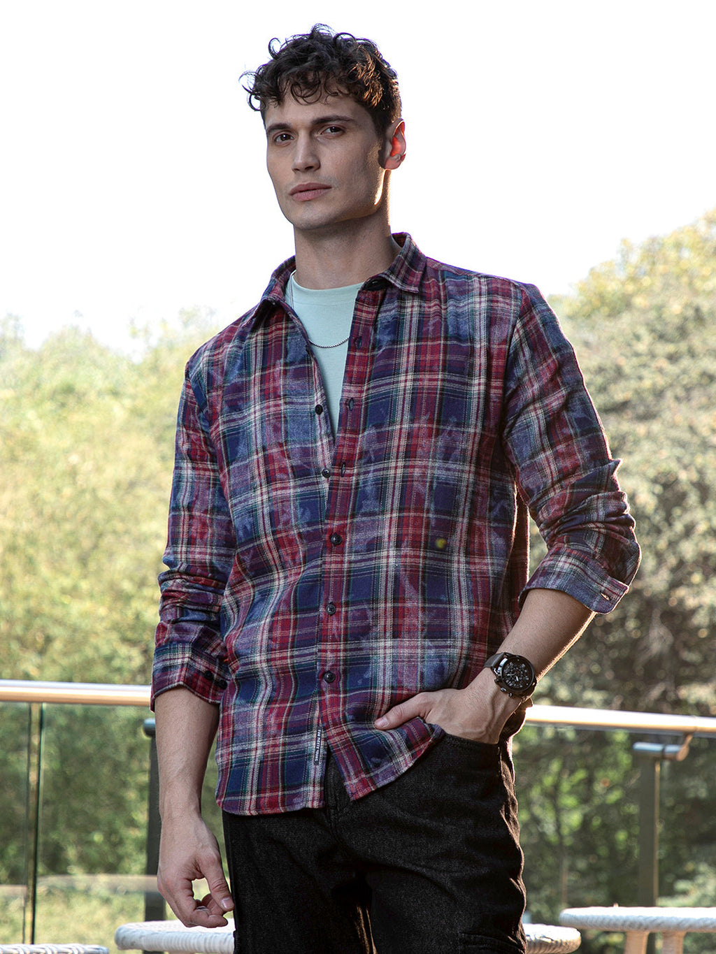 Campus Sutra Dark-Plaid Relaxed Shirt