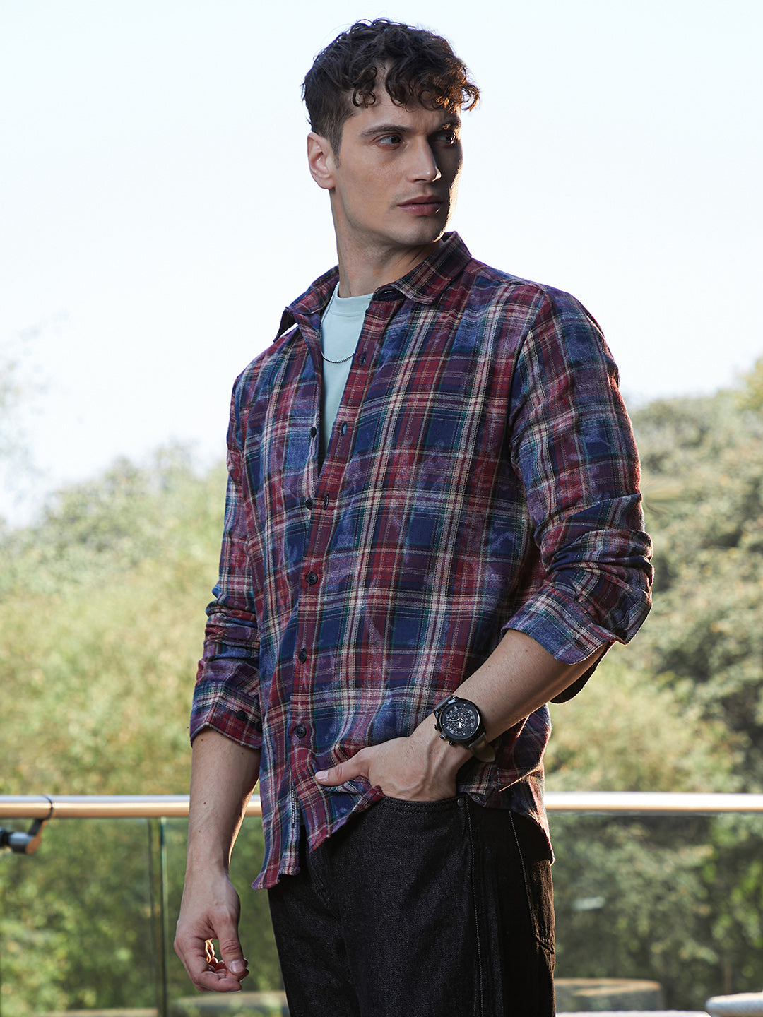 Campus Sutra Dark-Plaid Relaxed Shirt