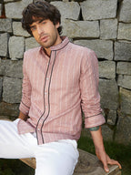 Campus Sutra Striped-Jacquard Mandarin Shirt