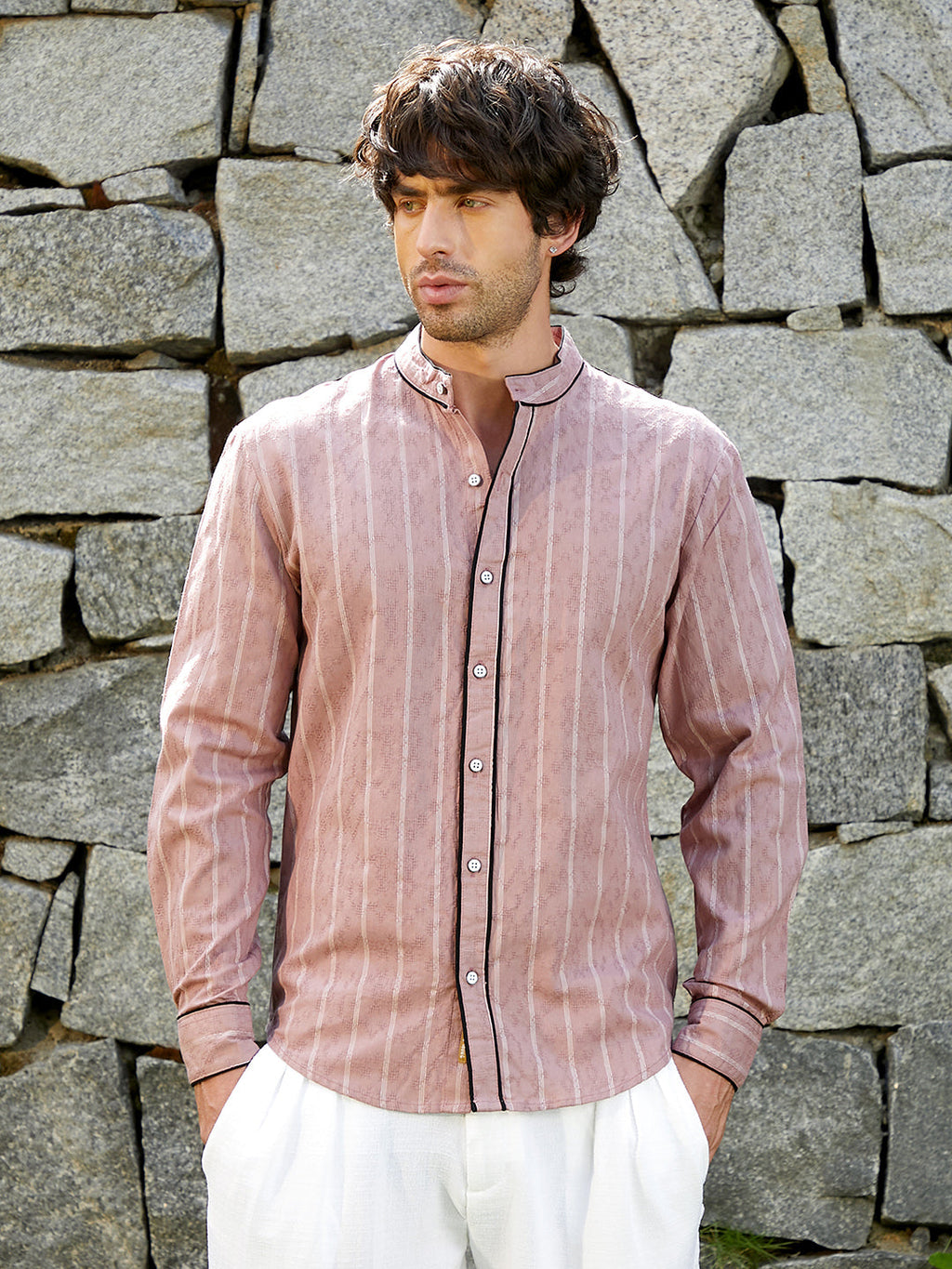 Campus Sutra Striped-Jacquard Mandarin Shirt