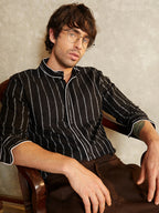 Campus Sutra Striped-Jacquard Mandarin Shirt