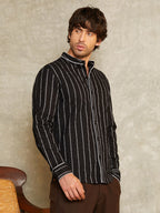 Campus Sutra Striped-Jacquard Mandarin Shirt