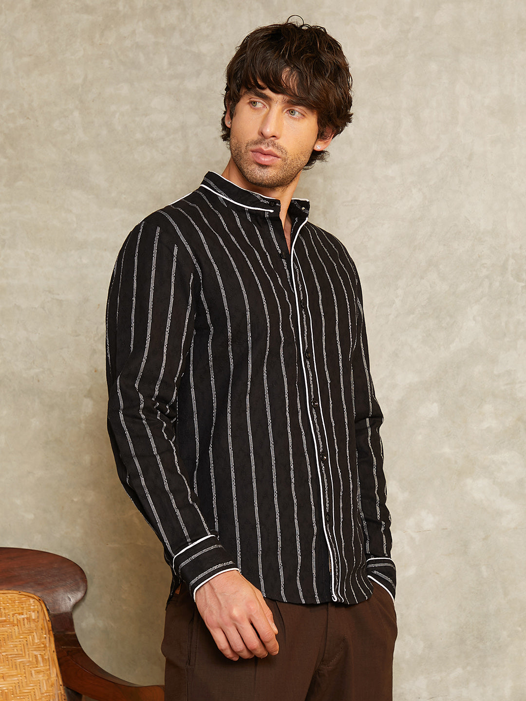 Campus Sutra Striped-Jacquard Mandarin Shirt