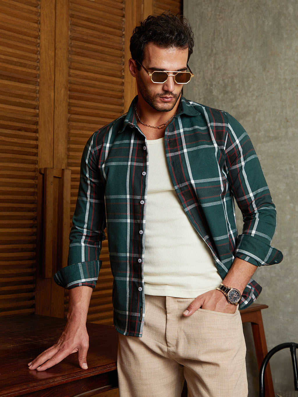 Campus Sutra Ribbed-Plaid Relaxed Shirt