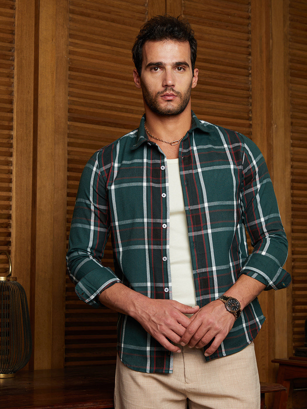 Campus Sutra Ribbed-Plaid Relaxed Shirt