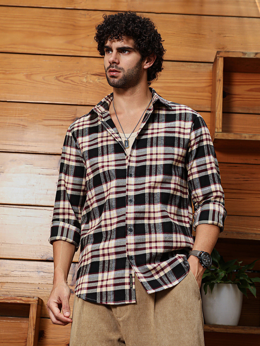 Campus Sutra Dark-Plaid Relaxed Shirt