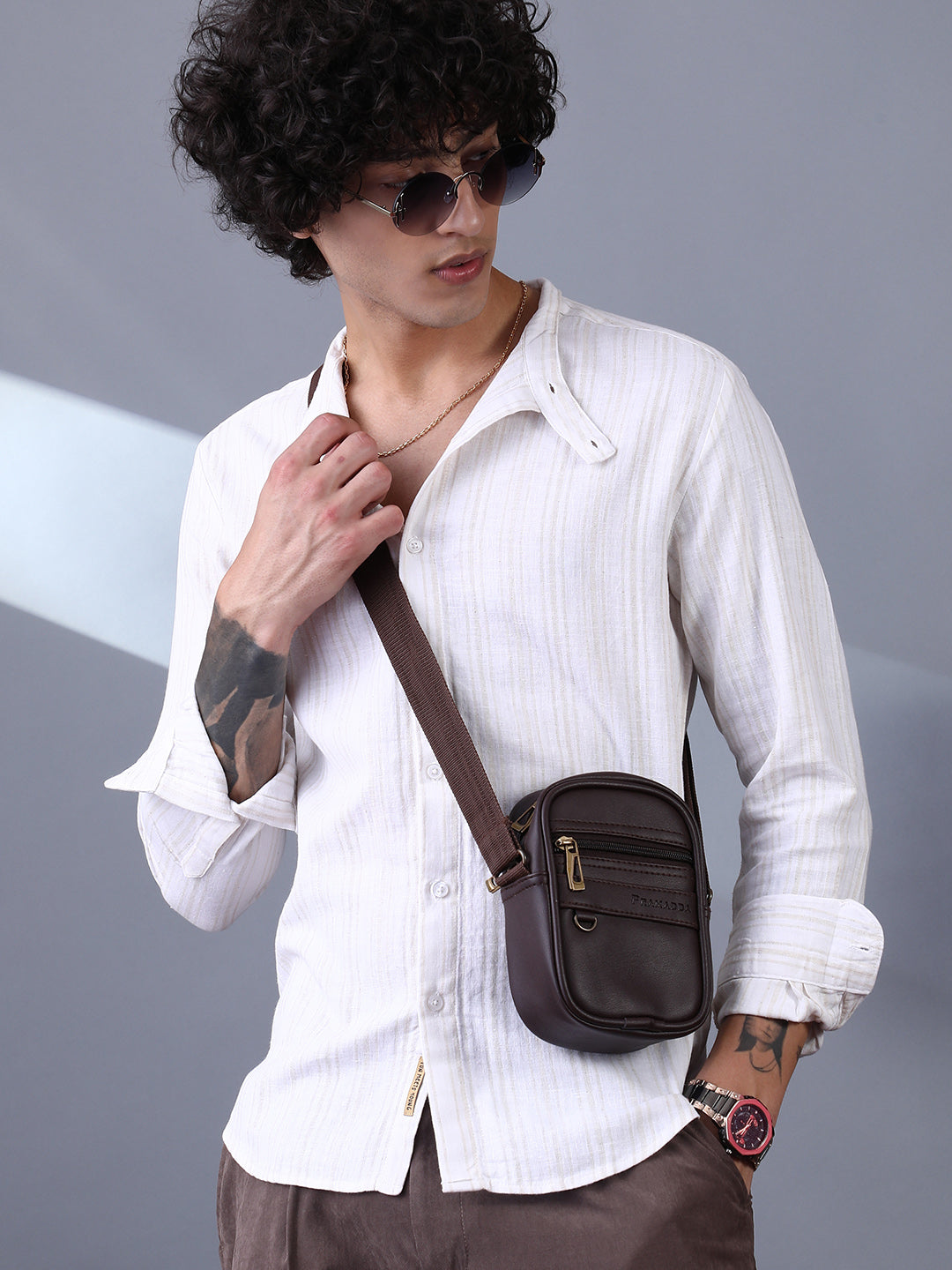 Campus Sutra Striped Extended-Band Collar Shirt