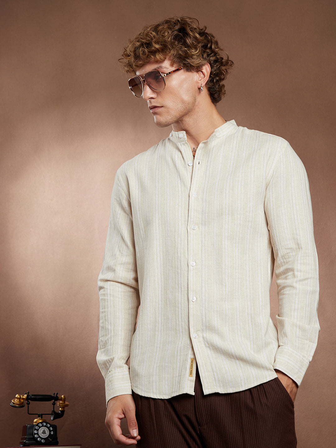 Campus Sutra Striped Extended-Band Collar Shirt