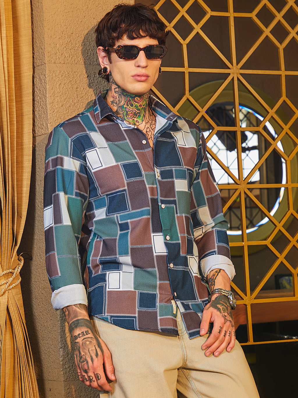 Campus Sutra Patch-Stitch Imprint Shirt