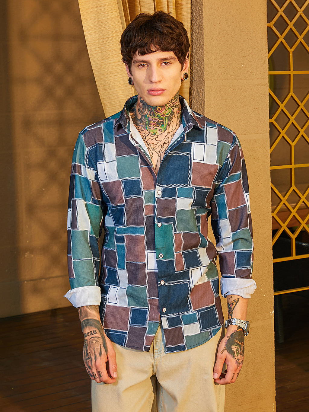 Campus Sutra Patch-Stitch Imprint Shirt