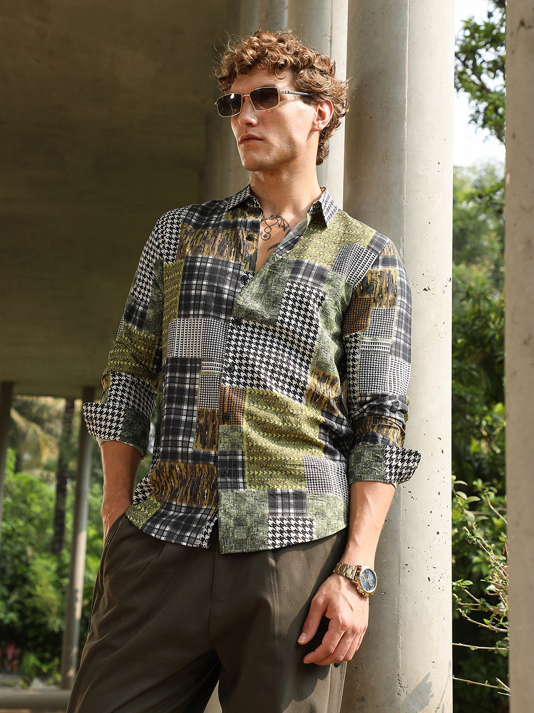 Campus Sutra Houndstooth Block Shirt